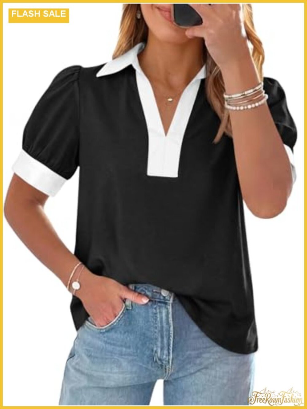 Womens V-Neck Puff Sleeve Color Block Blouse Loose Fit Summer Top
